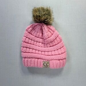 CC Baby Pink Cable Knit Pom Beanie Hat with Faux‎ Fur